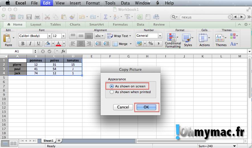 Excel Mac: copier ou exporter un tableau comme une image 05