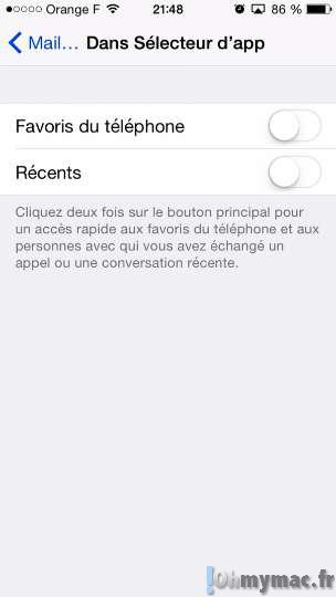 iOS 8: enlever les icônes de contacts favoris et d'appels récents du menu multitâche sur iPhone/iPad